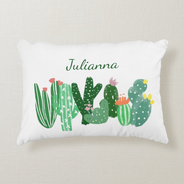 Boho Cactus Painting in Green Personalized Name Accent Kussen (Voorkant)
