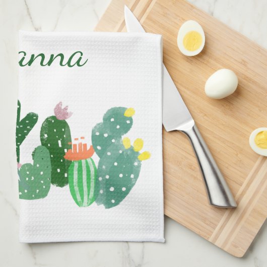 Boho Cactus Painting in Green Personalized Name Theedoek (Quarter Fold)