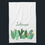 Boho Cactus Painting in Green Personalized Name Theedoek<br><div class="desc">Deze stijlvolle keukenhanddoek is voorzien van een eenvoudig,  modern en schattig schilderij van een rij woestijncacti in groen met  roze bloemen in een boho whimsical-stijl. Pas het aan met jouw naam. Geweldig cadeauidee!</div>