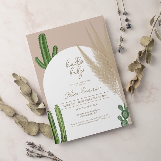 Boho cactus pampas arch hallo baby shower kaart