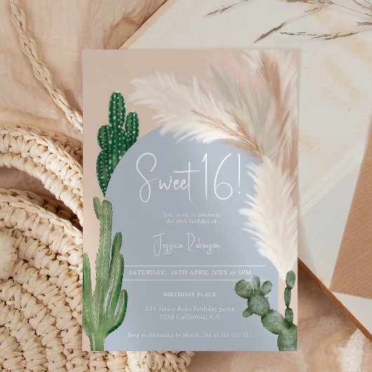 Boho cactus pampas boog blauwe aarde Toon Sweet 16 Kaart
