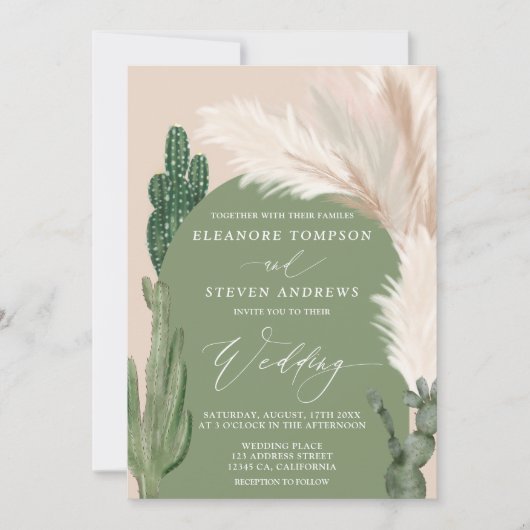 Boho cactus pampas boog groene aardetoon bruiloft kaart (Voorkant)