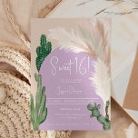Boho cactus pampas boog paarse aardetint Sweet 16 Kaart<br><div class="desc">Tropische Boho woestijngroene cactus en pampasgras Sweet 16 verjaardagsfeestje uitnodigen met wilde cactussen,  pampas waterverf,  boogvormig met gedempte aardetinten met licht beige en terracotta kleuren met stoffige paarse boog.</div>