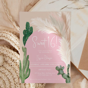 Boho cactus pampas boog roze aardetint Sweet 16 Kaart