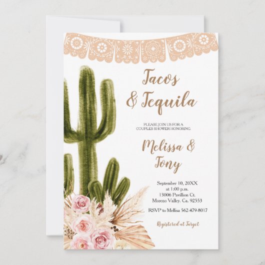 Boho Cactus Pampas Grass Couples Shower Invitatio Kaart (Voorkant)