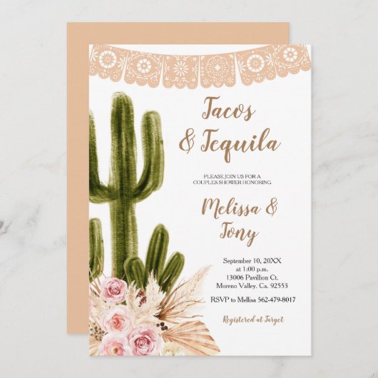 Boho Cactus Pampas Grass Couples Shower Invitatio Kaart (Voorkant / Achterkant)