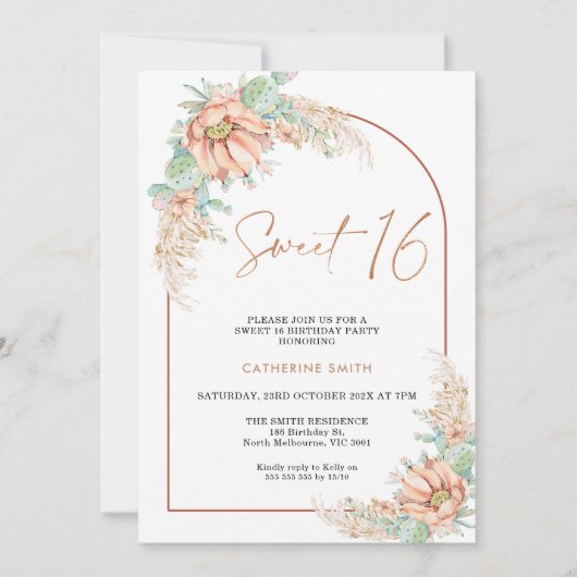 Boho Cactus Pampas Grass Sweet 16 Verjaardag Kaart (Voorkant)