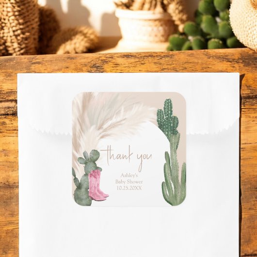 Boho cactus pampas laarzen woestijn baby shower vierkante sticker
