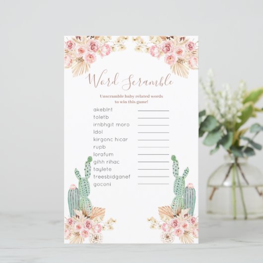 Boho Cactus Pink Floral Word Scramble Game (Staand voorkant)