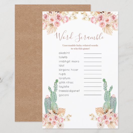 Boho Cactus Pink Floral Word Scramble Game (Voorkant / Achterkant)