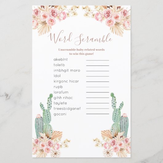 Boho Cactus Pink Floral Word Scramble Game (Voorkant)