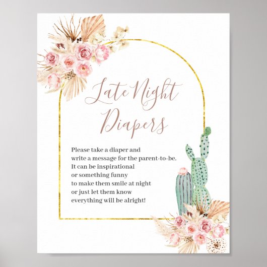 Boho Cactus Pink Flowers Late Night Diapers Sign Poster (Voorkant)