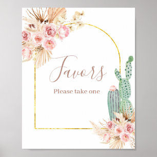 Boho Cactus Pink Flowers Pampas Grass Favor Sign Poster