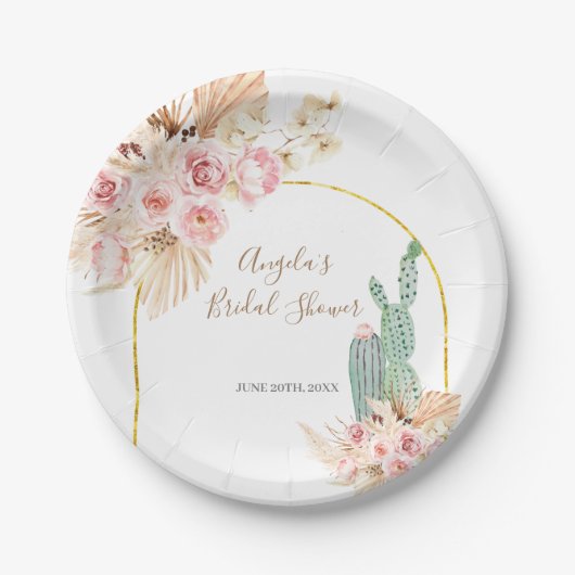 Boho Cactus Pink Flowers Paper Borden Papieren Bordje (Voorkant)