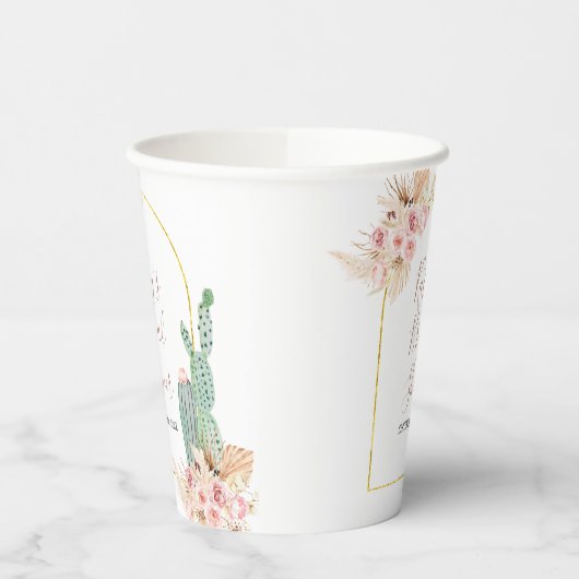 Boho Cactus Pink Flowers White Paper Cups Papieren Bekers (Links)