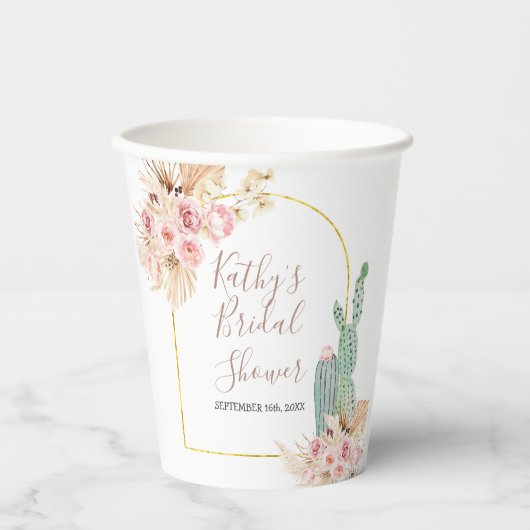 Boho Cactus Pink Flowers White Paper Cups Papieren Bekers (Voorkant)