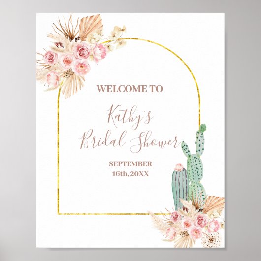 Boho Cactus Roze Bloem Bruidsfeest Welkomstbord Poster (Voorkant)