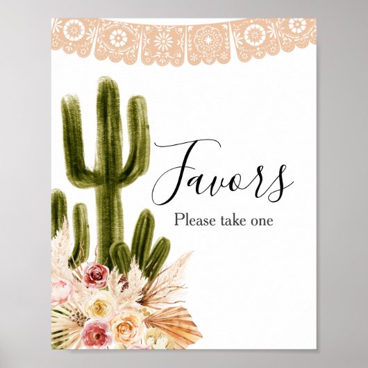 Boho Cactus Roze Bloemen Pampas Gras Favor Bord Poster (Voorkant)