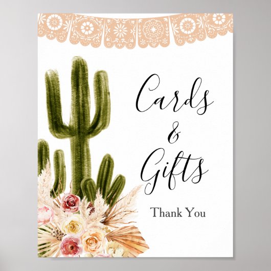 Boho Cactus Roze Bloemen Pampas Gras Kaarten & Cad Poster (Voorkant)