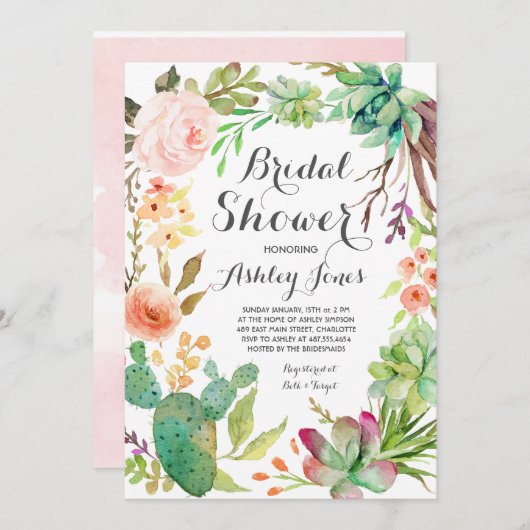 Boho cactus succulents Bridal Shower Invitation Kaart (Voorkant / Achterkant)