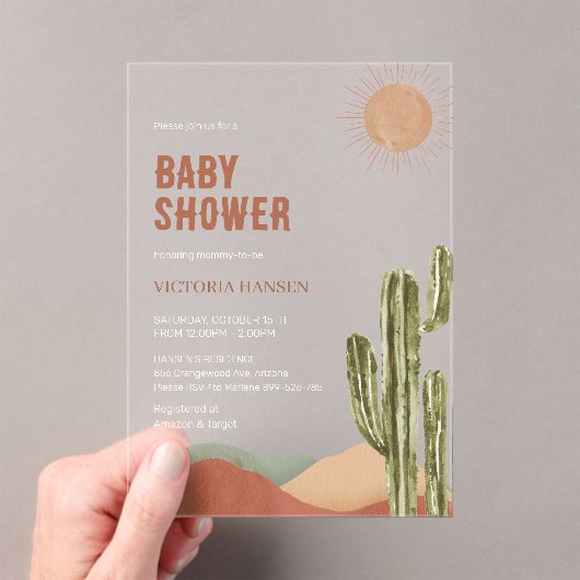 Boho Cactus Woestijn Baby Shower Westelijk Arizona Acryl Uitnodigingen (Insitu (Draagbaar))