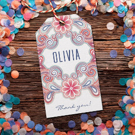 Boho cadeaukaartje met bloemen en krullen cadeaulabel