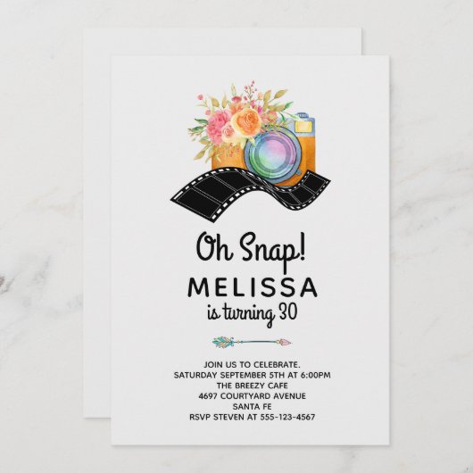 Boho Camera & Bloemen Waterverf Verjaardag Kaart (Voorkant / Achterkant)