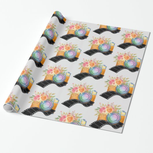 Boho Camera & Florals Waterverf Patroon Cadeaupapier (Uitgerold)