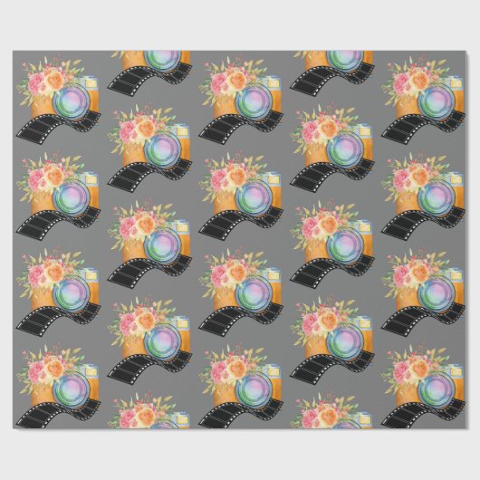 Boho Camera & Florals Waterverf Patroon Cadeaupapier (Vlak)