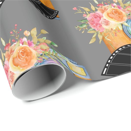 Boho Camera & Florals Waterverf Patroon Cadeaupapier (Rol Hoek)