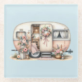 Boho Camper met Bloemenkrans & Pastels Roze Glazen Onderzetter (Voorkant)