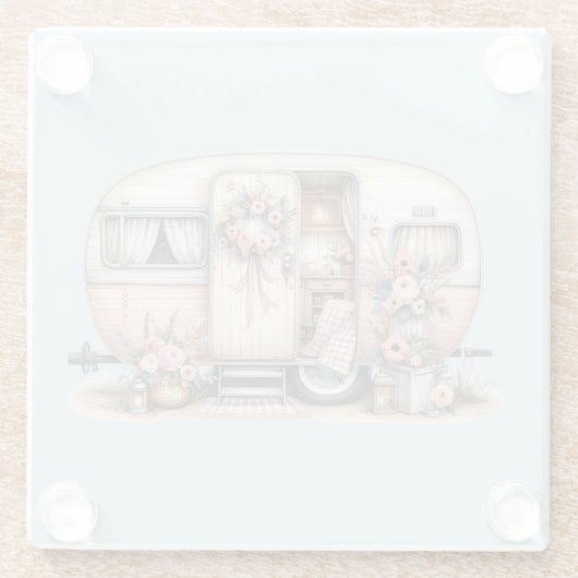 Boho Camper met Bloemenkrans & Pastels Roze Glazen Onderzetter (Achterkant)