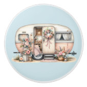 Boho Camper met Bloemenkrans & Pastels Roze Keramische Knop (Voorkant)