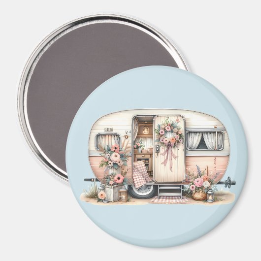 Boho Camper met Bloemenkrans & Pastels Roze Magneet (Voorkant / Achterkant)