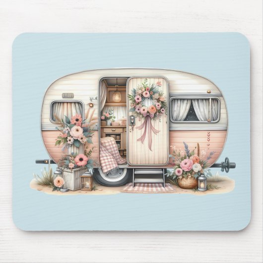 Boho Camper met Bloemenkrans & Pastels Roze Muismat (Voorkant)