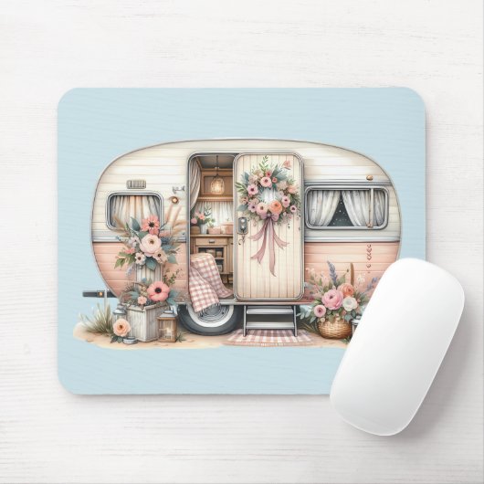 Boho Camper met Bloemenkrans & Pastels Roze Muismat (Met muis)