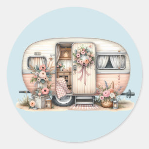 Boho Camper met Bloemenkrans & Pastels Roze Ronde Sticker