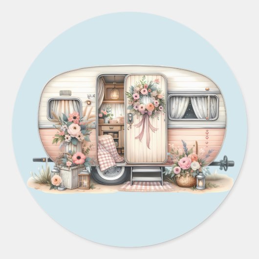 Boho Camper met Bloemenkrans & Pastels Roze Ronde Sticker (Voorkant)