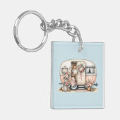 Boho Camper met Bloemenkrans & Pastels Roze Sleutelhanger (Voorkant Links)