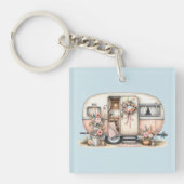 Boho Camper met Bloemenkrans & Pastels Roze Sleutelhanger (Voorkant)