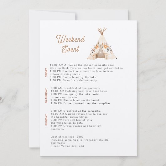 Boho Camping Bachelorette Weekend Party Kaart (Achterkant)