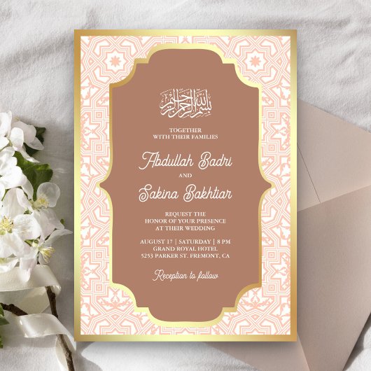 Boho Caramel Goud Arabesque Patroon Moslim Bruilof Kaart