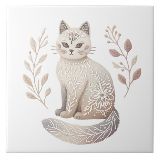 Boho Cat Minimalistische Feline Decoratieve Kunst Tegeltje (Voorkant)