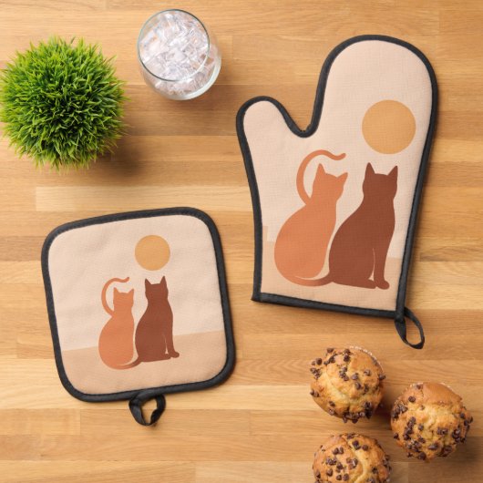 Boho Cats Sunset Desert Ovenwant & Pannenlap Set (Top down)