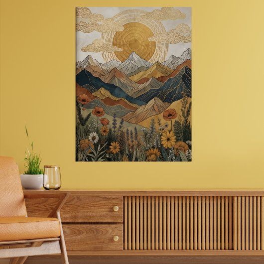 Boho Celestiaal Mandala Zon Bergweide Poster (Woonkamer 2)