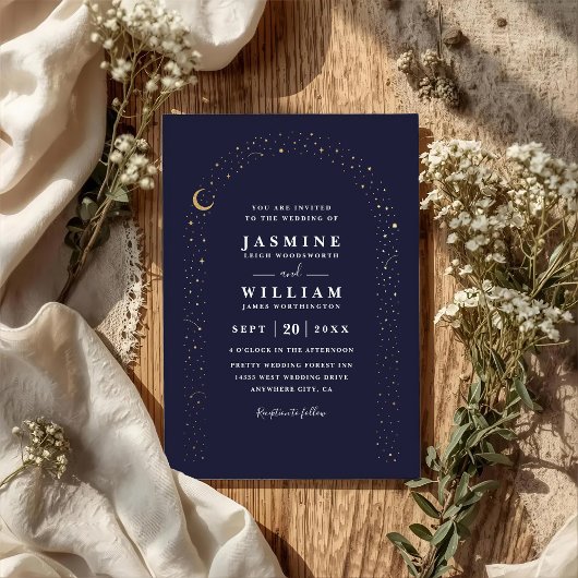 Boho Celestial Arch Moon Night QR Code Wedding Kaart