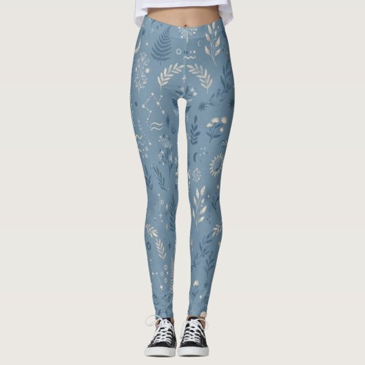 Boho Celestial Botanische Stof Blauw Actieve Kledi Leggings (Voorkant)