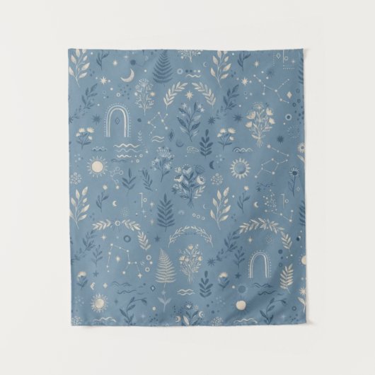 Boho Celestial Botanische Stof Blauw Muurdecoratie Wandkleed (Voorkant)