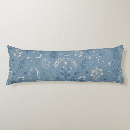 Boho Celestial Botanische Stof Stof Blau Beddengoe Lichaamskussen (Voorkant)