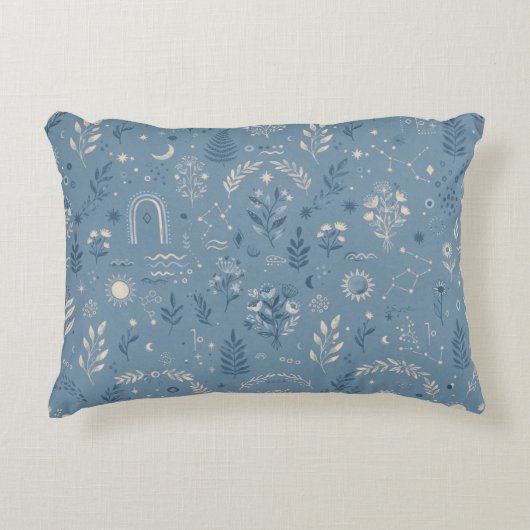 Boho Celestial Botanische Stof Stof Blauw Knus Accent Kussen (Voorkant)